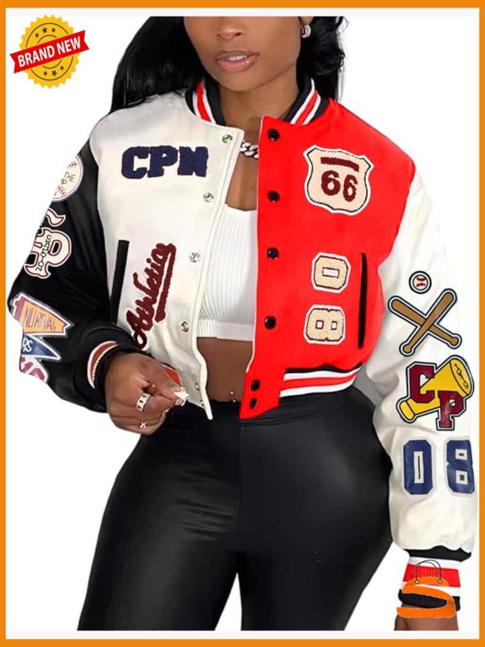 Varsity Jacket with Patches Print Cropped Bomber Leather Jacket
